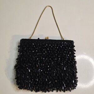 Vintage La Regale Purse Women's Black Beaded Evening Bag Handmade‎ Hong Kong 60s
